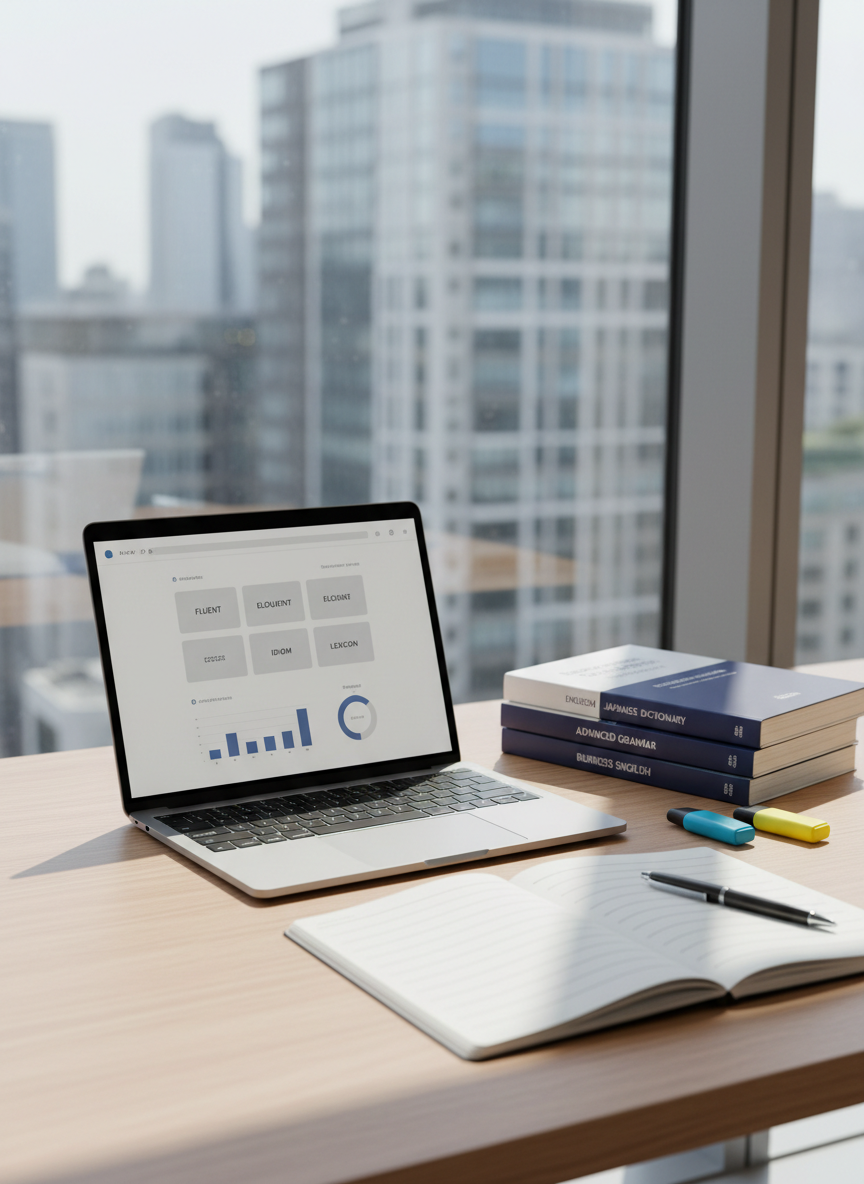 A sleek, modern study desk arranged for online English learning, featuring an ultra-thin silver laptop displaying a clean interface with English vocabulary flashcards and progress charts. Next to it, a neatly stacked set of bilingual textbooks in white and navy covers, highlighters, and a minimalist notebook with crisp lined pages. The desk sits in front of a large window overlooking a soft-focus cityscape. Natural daylight floods in, creating gentle reflections on the laptop screen and subtle shadows along the desk’s smooth wood grain. Photographic realism, eye-level composition with shallow depth of field keeps the laptop in sharp focus while the background gently blurs, conveying a professional, calm, and focused atmosphere suitable for an educational English center website.
