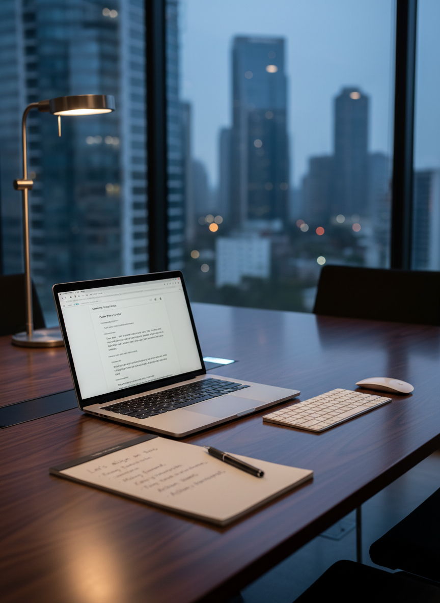 A polished office English training scene on a dark walnut conference table, featuring an open ultrabook showing a professional English email draft on the screen, alongside a slim wireless keyboard, a matching mouse, and a minimalist notepad filled with neatly written English phrases for business meetings. A glass wall in the background reveals a blurred view of a modern corporate skyline at dusk. Soft, cool-toned LED strip lighting under the table edge creates a refined glow on the wood surface, while a desk lamp casts focused light on the notepad, highlighting the ink texture. Photographic realism, composed with rule-of-thirds framing from a slightly diagonal angle, exudes a calm, ambitious, and corporate learning atmosphere for office workers improving their English.
