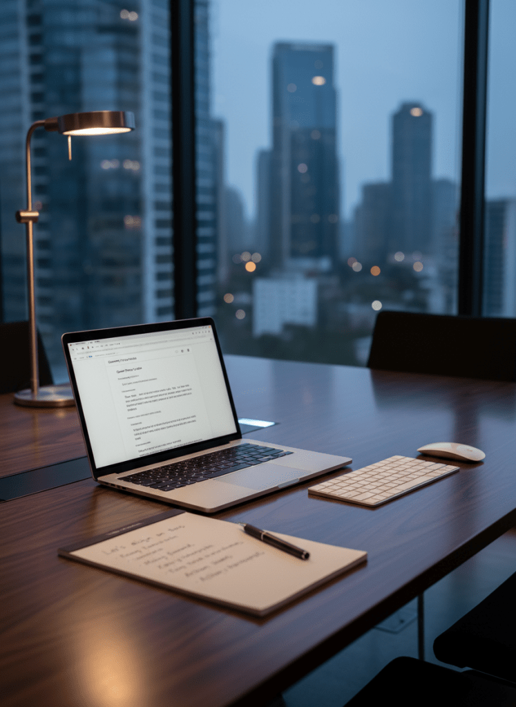 A polished office English training scene on a dark walnut conference table, featuring an open ultrabook showing a professional English email draft on the screen, alongside a slim wireless keyboard, a matching mouse, and a minimalist notepad filled with neatly written English phrases for business meetings. A glass wall in the background reveals a blurred view of a modern corporate skyline at dusk. Soft, cool-toned LED strip lighting under the table edge creates a refined glow on the wood surface, while a desk lamp casts focused light on the notepad, highlighting the ink texture. Photographic realism, composed with rule-of-thirds framing from a slightly diagonal angle, exudes a calm, ambitious, and corporate learning atmosphere for office workers improving their English.