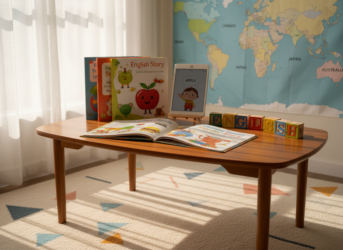 A cozy yet professional corner dedicated to children’s English learning, featuring a low wooden table with rounded edges supporting colorful illustrated English storybooks, letter blocks forming the word “ENGLISH,” and a tablet propped up with a friendly, cartoon-based vocabulary app on the screen. Behind the table, a soft fabric world map in pastel colors hangs on the wall, with country names in clear English text. Diffused afternoon light filters through sheer curtains, casting warm, gentle shadows across a plush rug with simple geometric patterns. Photographic realism, captured at a child’s eye level with a shallow depth of field, keeps the books and blocks crisply in focus while the map softly blurs, creating an inviting, encouraging atmosphere for young learners.