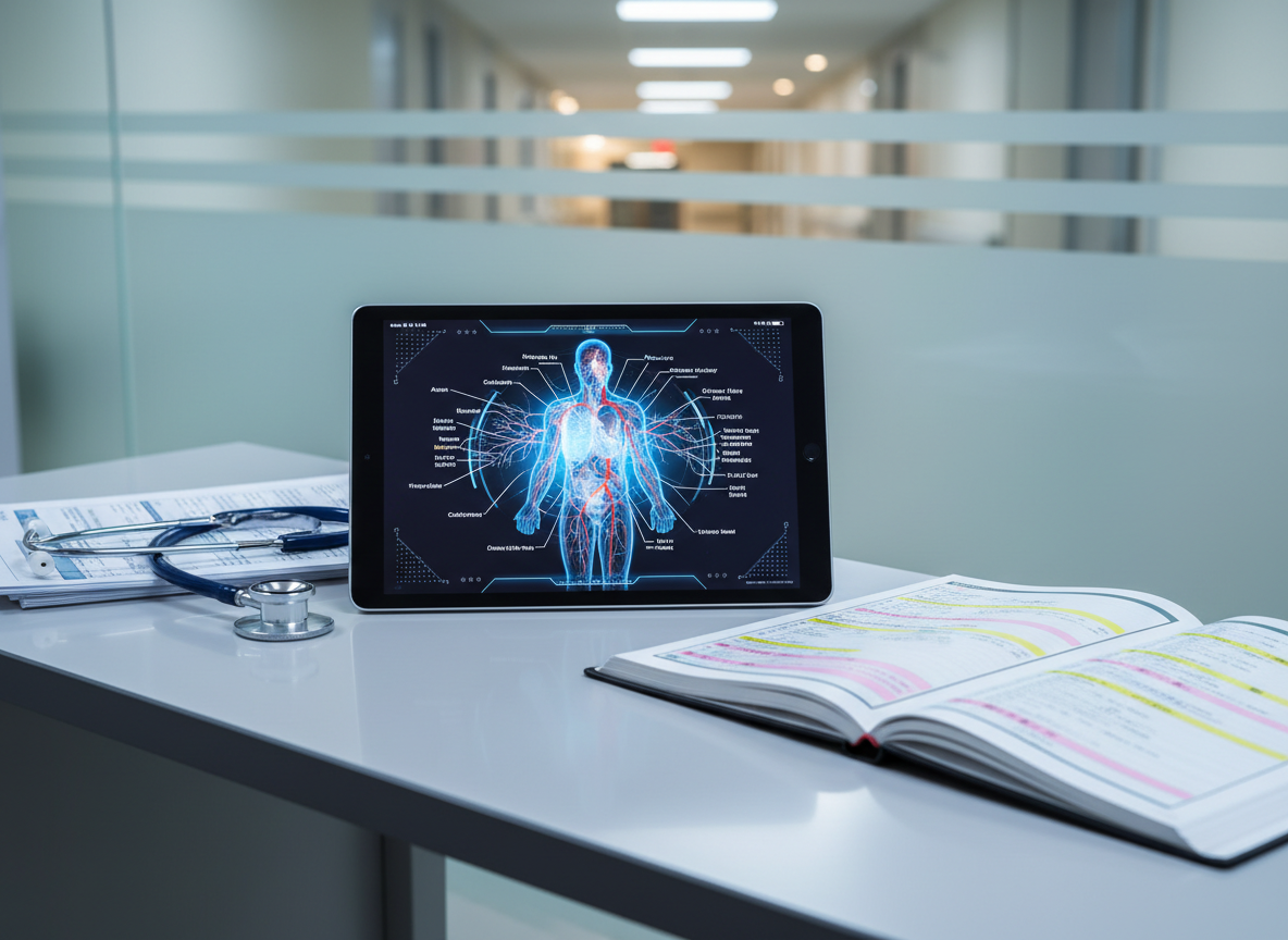 A specialized medical English learning setup on a clean, light-grey desk, displaying a tablet with a detailed digital diagram of human anatomy labeled in English, surrounded by a stethoscope, neatly stacked medical charts, and a bilingual medical terminology workbook opened to a page of highlighted terms. In the background, a frosted glass panel subtly reveals an out-of-focus hospital corridor environment without any people. Cool, clinical overhead lighting creates clear, sharp reflections on the tablet screen and metallic stethoscope, emphasizing precision and professionalism. Photographic realism, shot from a three-quarter angle with moderate depth of field, keeps the primary learning tools in focus while the medical setting gently recedes, projecting an atmosphere of serious, career-focused English training for healthcare professionals.