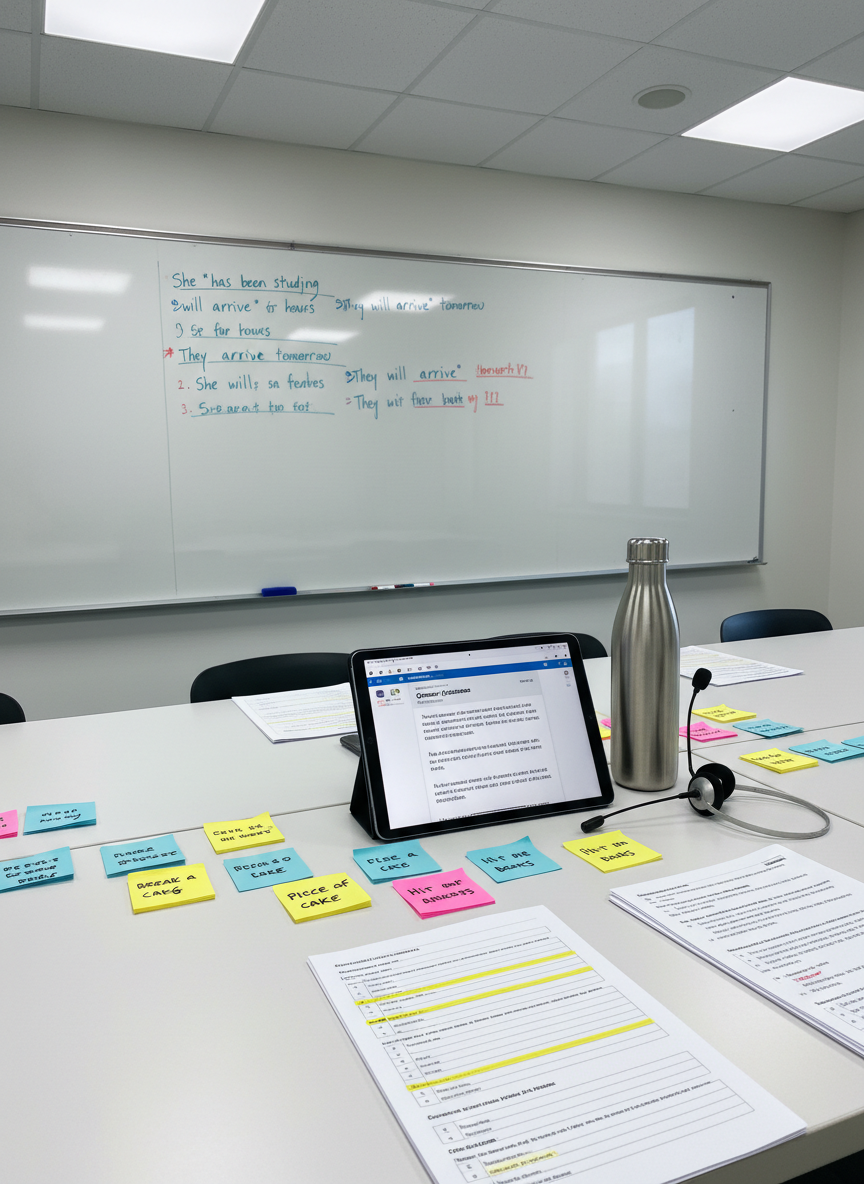 A bright classroom-style workspace designed for adult English learners, with a wide, matte-white table covered in neatly organized learning materials: a tablet displaying an English grammar lesson, printed worksheets with highlighted phrases, sticky notes labeled with common English expressions, and a slim wireless headset resting beside a stainless-steel water bottle. A large whiteboard in the background shows clearly written English sentences and correction marks in blue and red marker. Overhead LED panel lighting casts even, cool illumination, reducing harsh shadows and giving a crisp, professional feel. Photographic realism, shot from a slightly elevated angle with sharp focus throughout, creating an atmosphere of structure, productivity, and academic seriousness, perfect for representing professional English training.